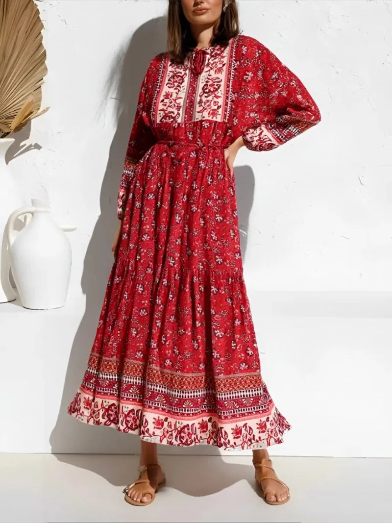 Vintage Chic Women Elegant Lace-up  Tassel Floral Print Beach Bohemian Maxi Dresses Robe Ladies Rayon Cotton Boho Dress Vestidos