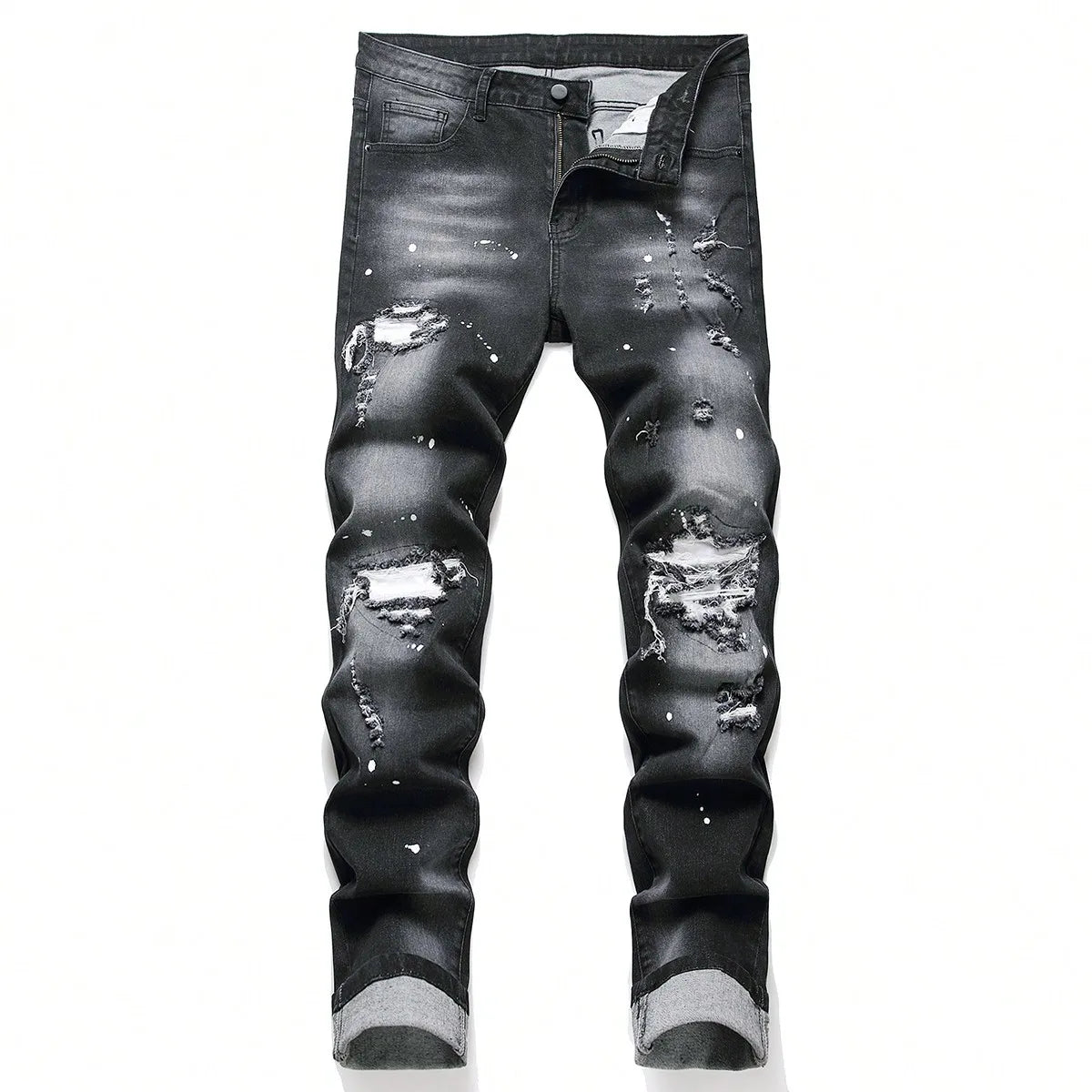 High Stretch Men Skinny Ripped Jeans Paint Splatter Denim Pants Slim Fit Distressed Hole Jeans Male Hip Hop Streetwear Trousers