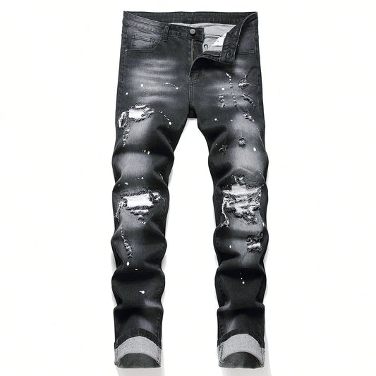 High Stretch Men Skinny Ripped Jeans Paint Splatter Denim Pants Slim Fit Distressed Hole Jeans Male Hip Hop Streetwear Trousers