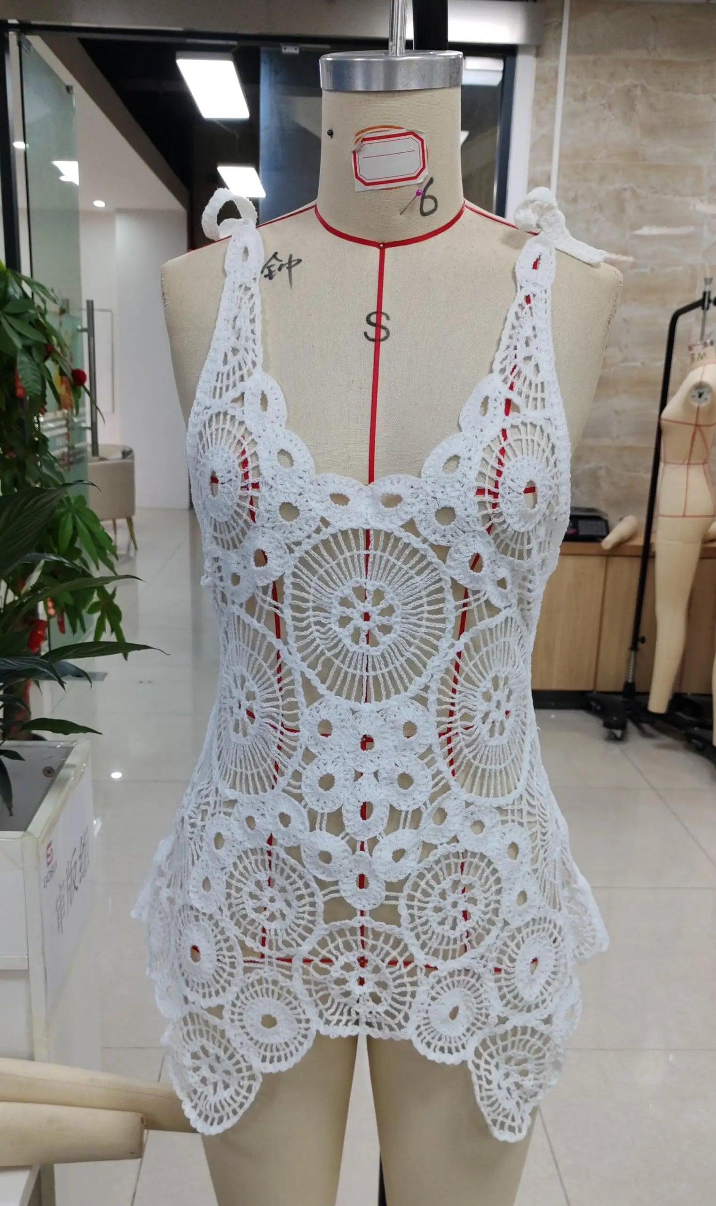 Puloru Hollow Out Crochet Knit Cami Dress Women Summer Swimsuit Coverups Backless Sleeveless Irregular Hem Mini Beach Dress