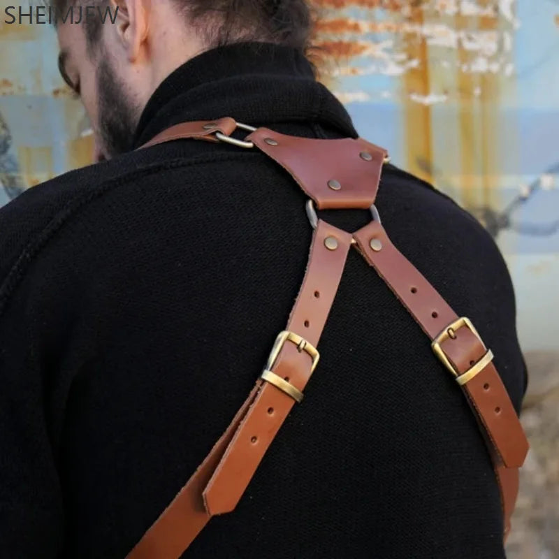 Fashion Double Shoulder Straps Multi-pocket Men Outdoor Anti-theft Chest Bag Medieval Leather Multi-function Crossbody Bag Walle