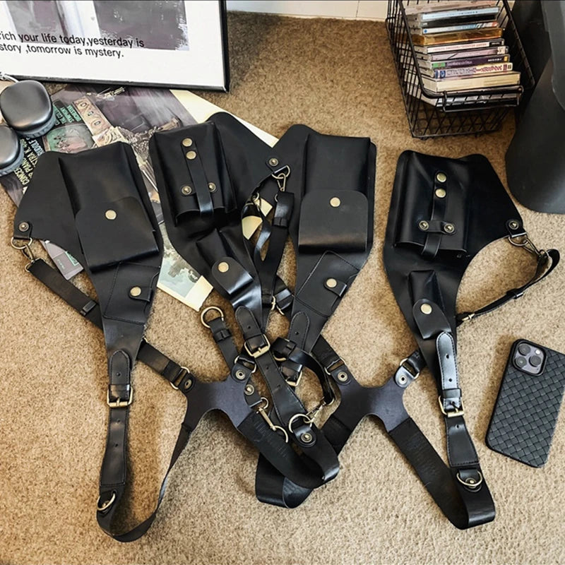 Men Women Steampunk Vintage PU Leather Shoulder Harness Bag Double Phone Wallet Case Holster Viking Underarm Purse Bag Costume