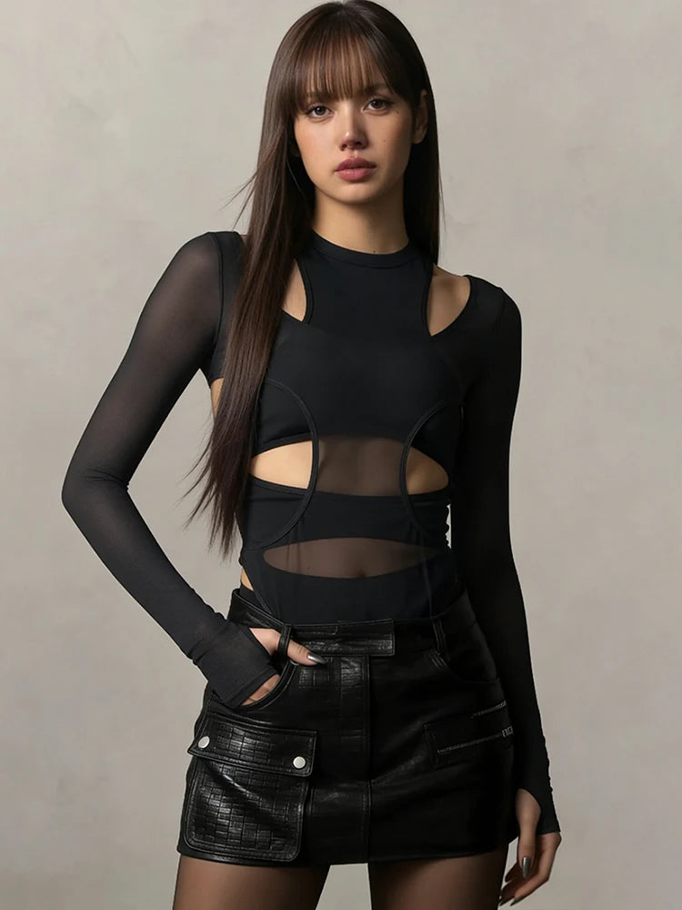 Kliou Mesh Patchwork Bodysuits Woman Irregular Hollow Design o-Neck Full Sleeve Skinny Stretch Hot Girls Sexy Fashion Bodycon