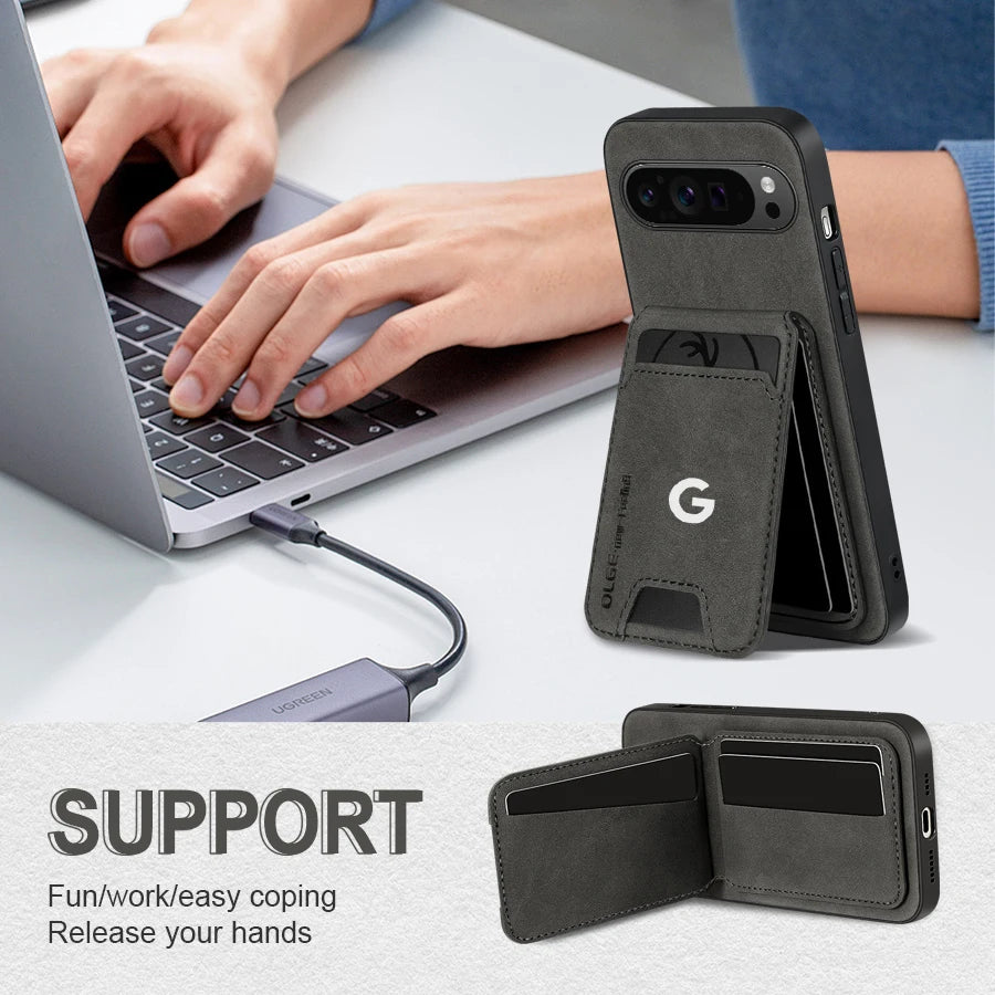 Business Luxury Sheepskin Leather Case For Google Pixel 9 10 11 Pro XL Card Holder Magnetic Stand Phone Cover For Pixel 9A 10A