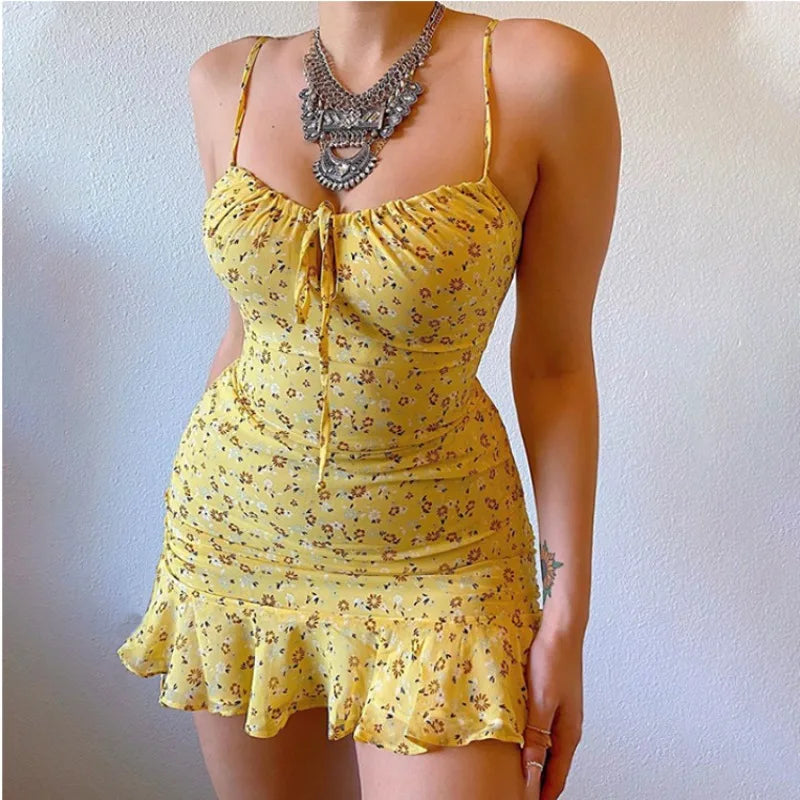 Floral Hollow Out Strap Dress Women's Midi Dress Floral Print Halter Neck Backless Dress Summer Casual Dresses for Women