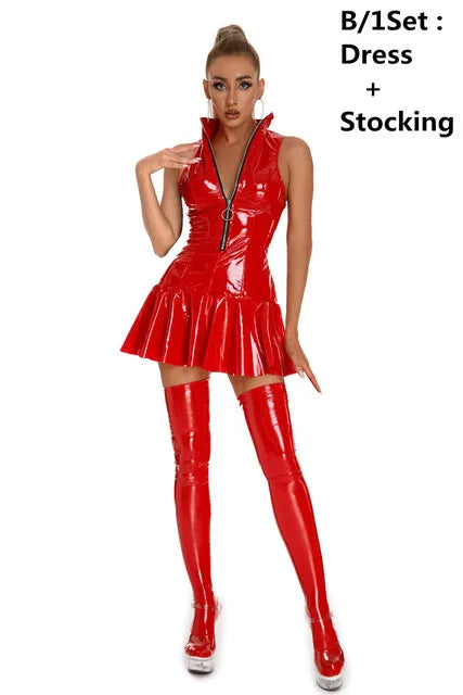 Women Sexy Glossy PVC Leather Slip Dress Lady Erotic Shaping Pleated Short Dress Zipper Porn Breast Exposing Latex Mini Dress