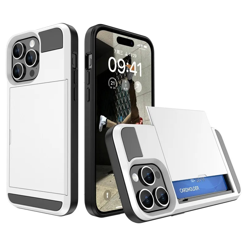 Phone Case for IPhone 16 15 14 Plus 13 12 11 Pro Max Wallet with Card Holder Slot Sliding Pocket Dual Layer Protective Cover