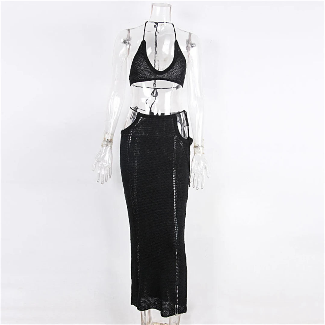 Sexy Fashion Crochet Knitted Halter Crop Tops Maxi Skirt Two Pieces Set Party Club Beach Dress Elegant Lady Outfits