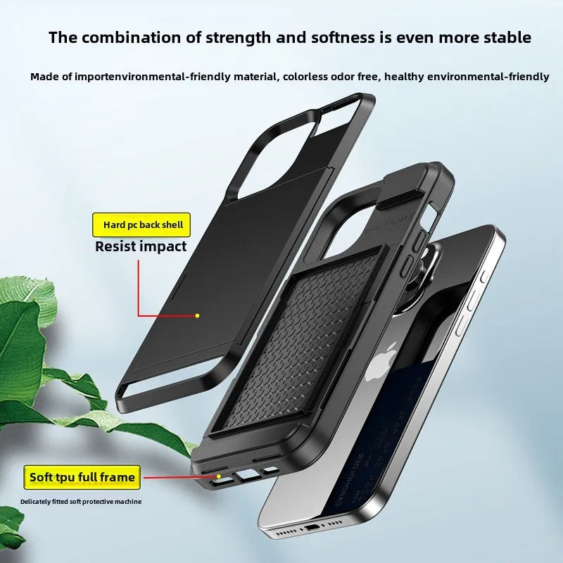 Phone Case for IPhone 16 15 14 Plus 13 12 11 Pro Max Wallet with Card Holder Slot Sliding Pocket Dual Layer Protective Cover