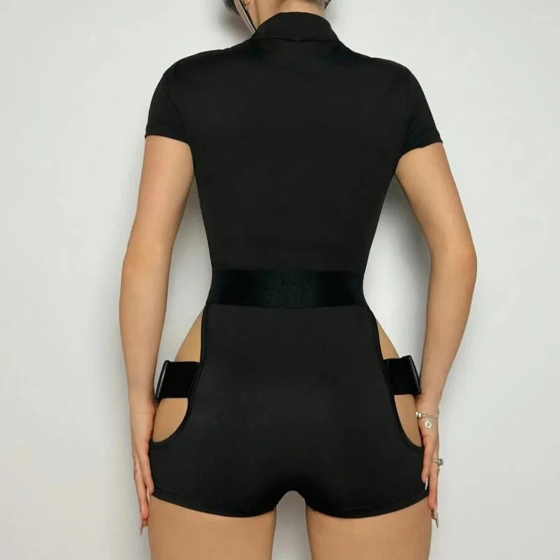 Elegant Hot Girl Style Black Hollow Out Functional Bodysuit Women Trendy Buckle Slimming Short Sleeve Top Casual Streetwear