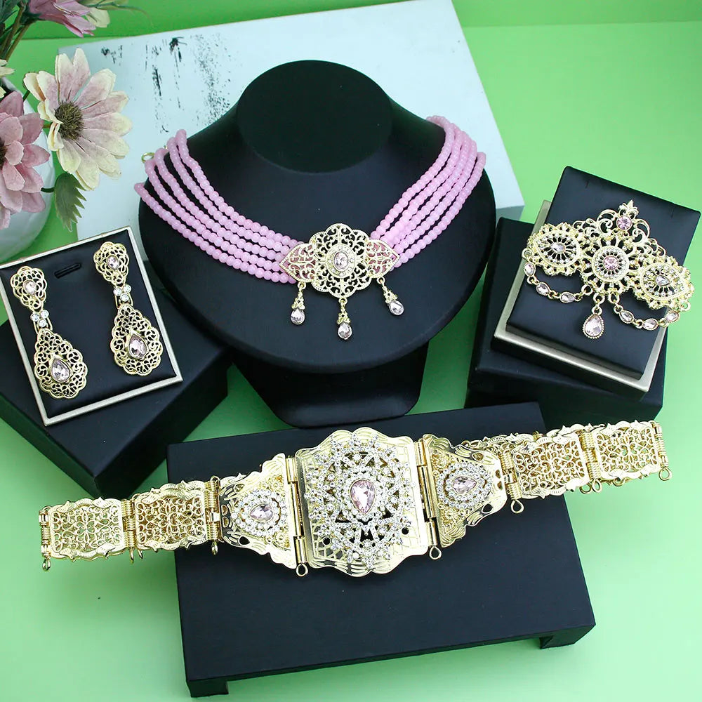 Sunspicems Morocco Bride Wedding Jewelry Sets For Women Gold Color Arabic Caftan Waist Belt Brooch Bead Choker Necklace Earrings