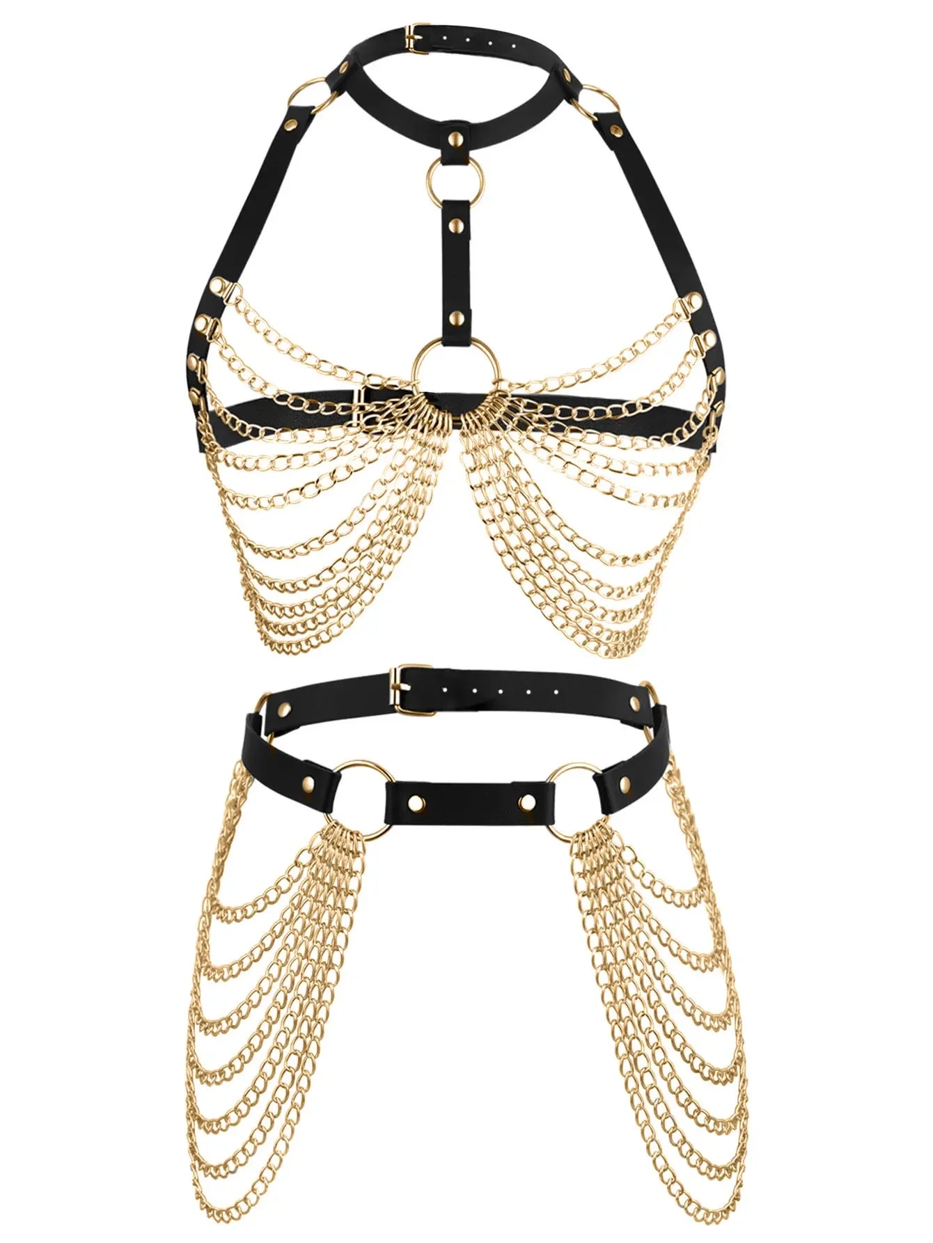 Fashion Ladies PU Leather Full Body Harness with Chains  Adjustable Body Decoration Strap Gothic Collocation Accessories