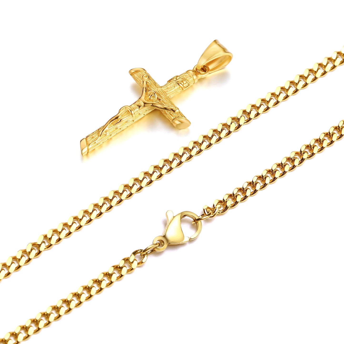 Stainless Steel Cross Necklace Catholicism Jesus Pendant Gold Color Collar Church Prayer Faith Jewelry for Men Women Gift
