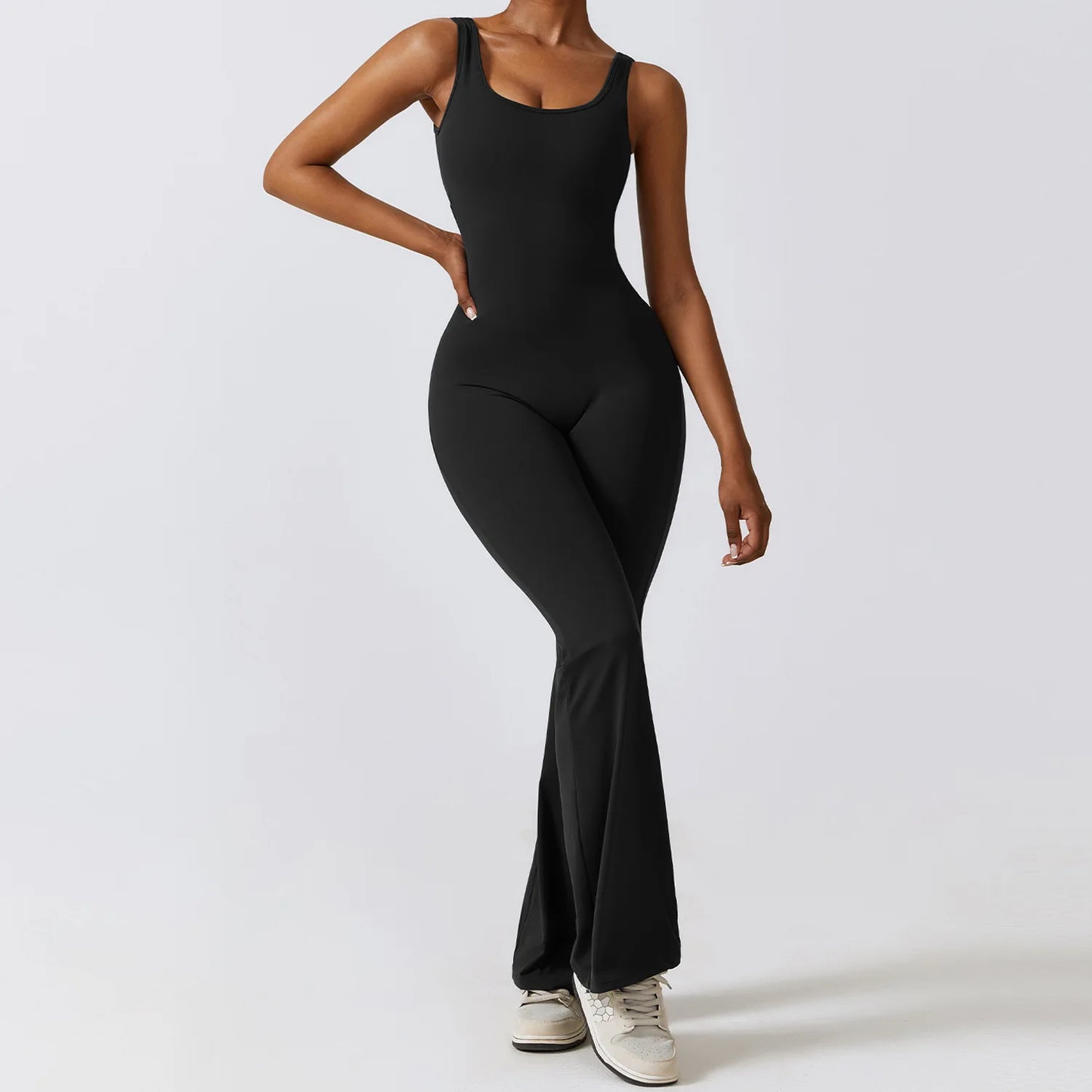 Women Sleeveless Flare Jumpsuits Sexy Backless Tank Tops Bodycon Scrunch Butt Yoga Rompers Seamless Unitard Playsuit Sportswear