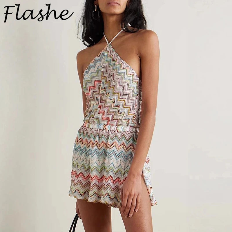 Summer Casual Backless Shorts Jumpsuit Women Sexy Beach Holiday Romper Women Vintage Pattern Printed Playsuits