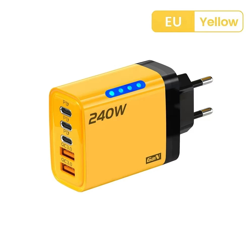 5 in 1 GaN Desktop Charger 240W Fast Charging Adapter 10A USB To Type C Cable 3PD 2 USB Charger For iPhone Samsung Xiaomi