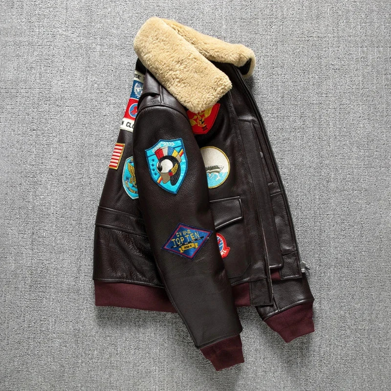 Men's High Quality Genuine Cow Leather Jacket G1 Pattern Pilot Vintage Air Force Jackets Warm Fur Collar Coat Top Gun Same Style