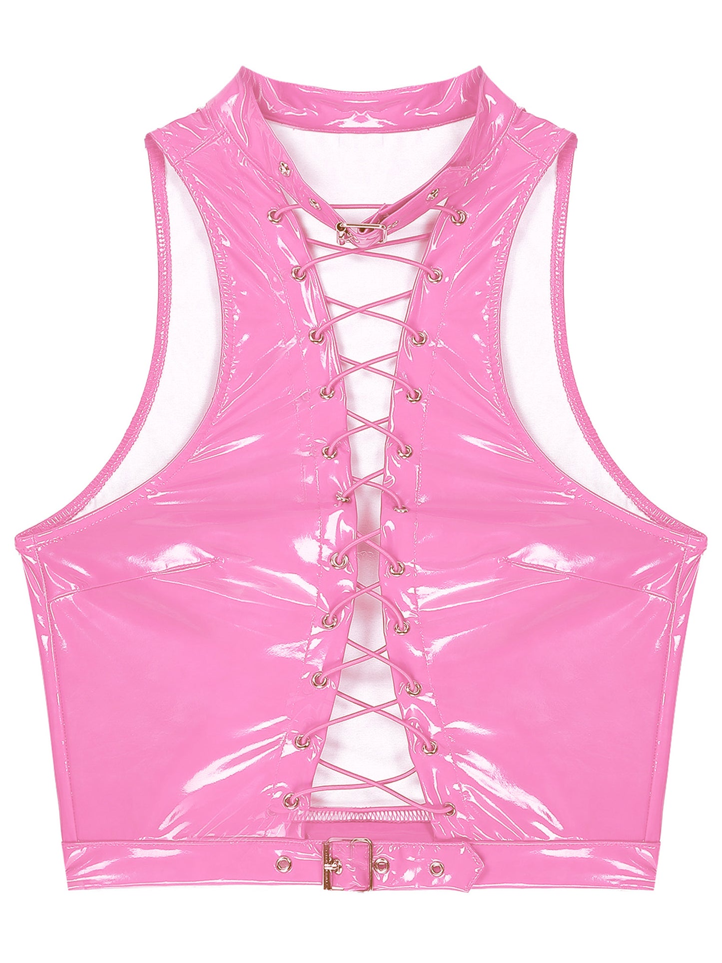 Women Leather Vest Gothic Steampunk Wet Look Hollow Out T-shirt Slim Bodycon Streetwear Sleeveless Crop Top Party Clubwear