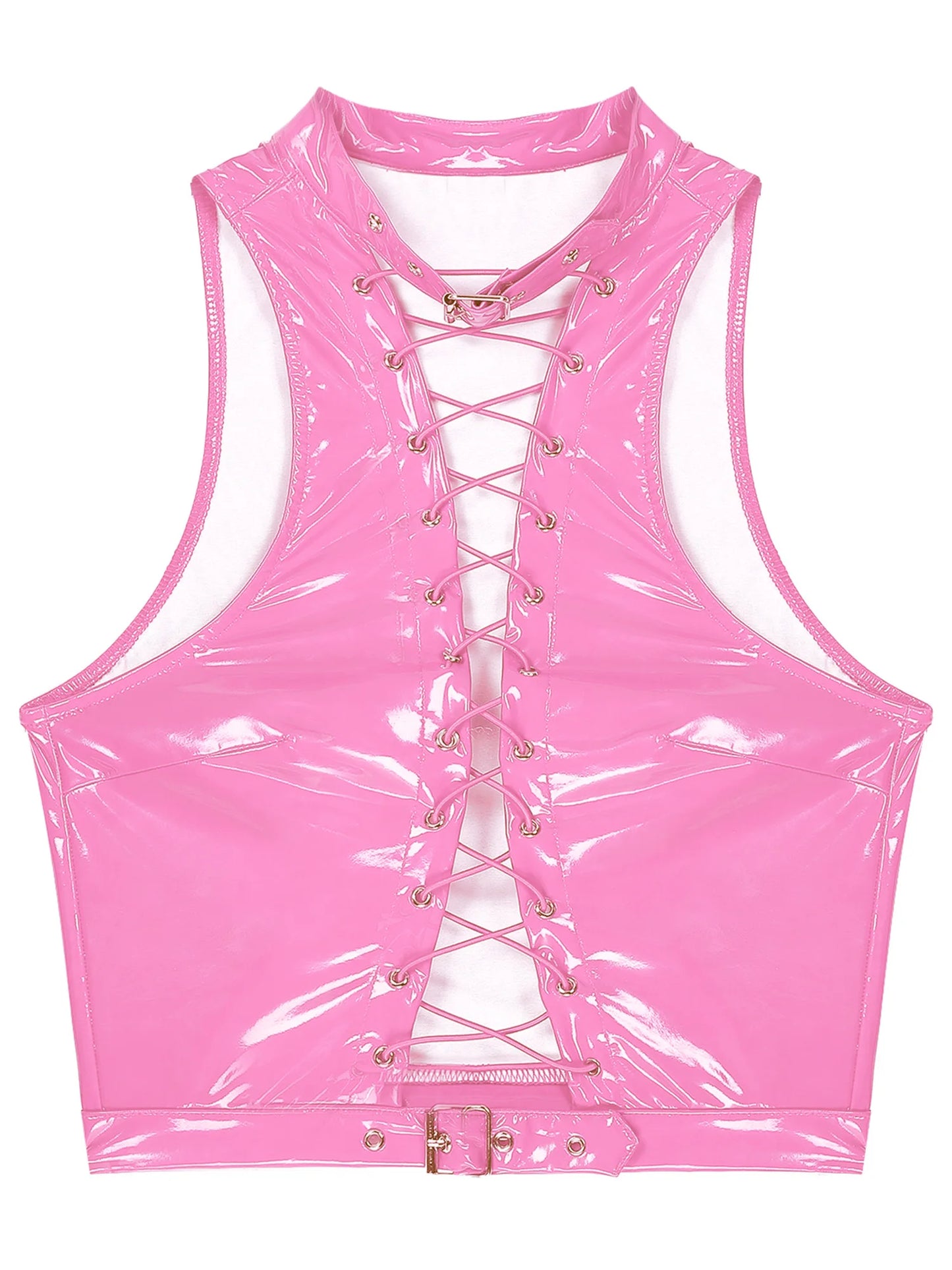 Women Leather Vest Gothic Steampunk Wet Look Hollow Out T-shirt Slim Bodycon Streetwear Sleeveless Crop Top Party Clubwear
