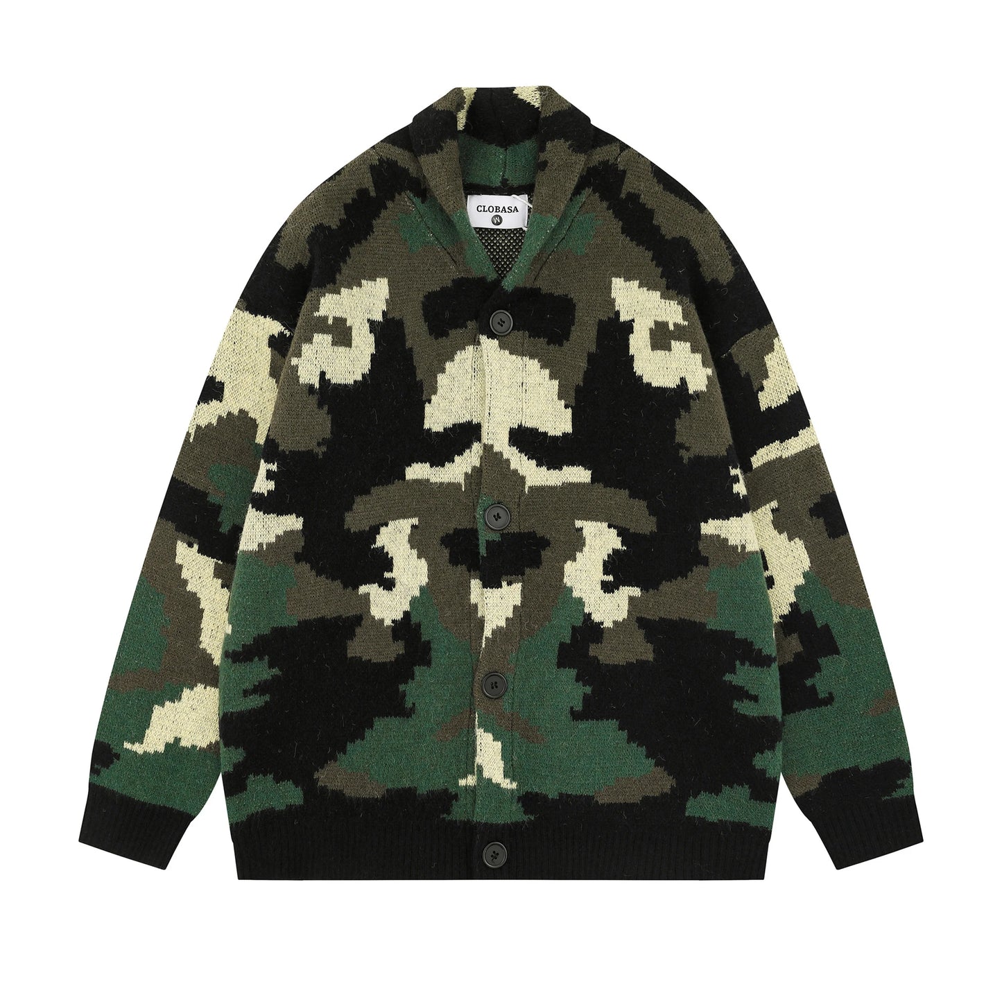 Vintage Camouflage Knitted Cardigan Jacket Autumn and Winter Print Button Stand Collar  Knitwear for Men Baggy Sweater Coat