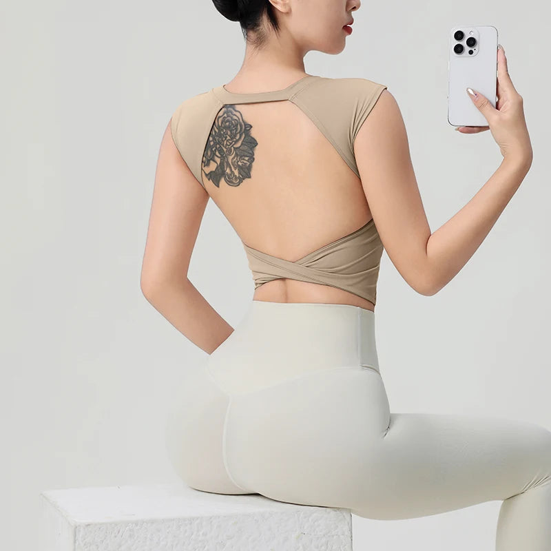 Women's Backless Fitness Clothes with Fixed Chest Pad Beautiful Top Short Sleeve Dance Sport  T-Shirt Yoga Wear