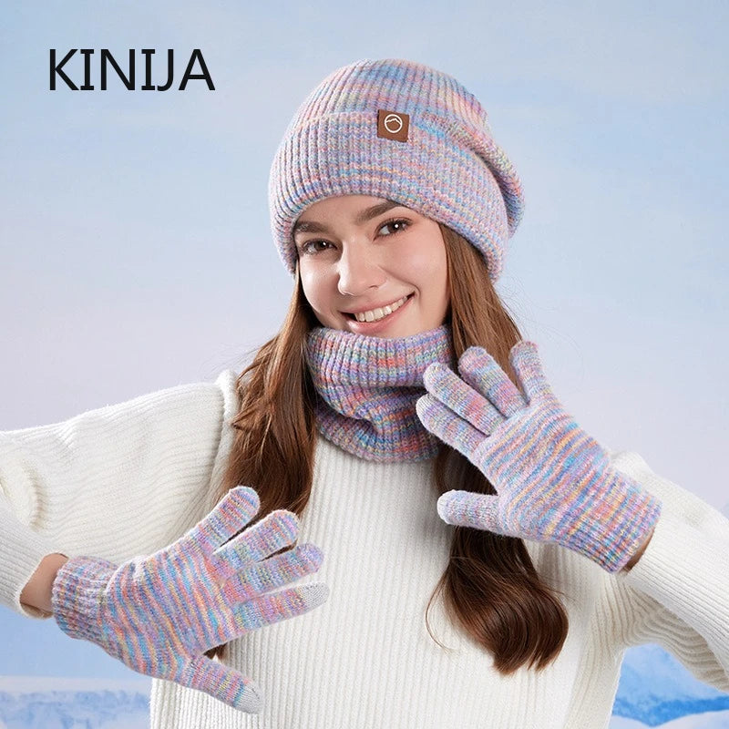 Women's Knitted Hat Beanie Cap Winter Coldproof Hat Scarf Gloves Sets Outdoor Warm Windproof Hat Fit Skiing Cycling Sets