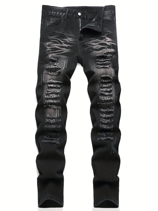 Men’s trendy streetwear: black ripped straight-leg jeans – an excellent gift for husbands or boyfriends.