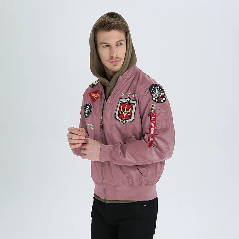 High Quality Military Fashion Casual Boy Youth Lightweight Top Gun Patch Embriodey Streetwear Ma1 Satin Flight Bomber Jacket Men