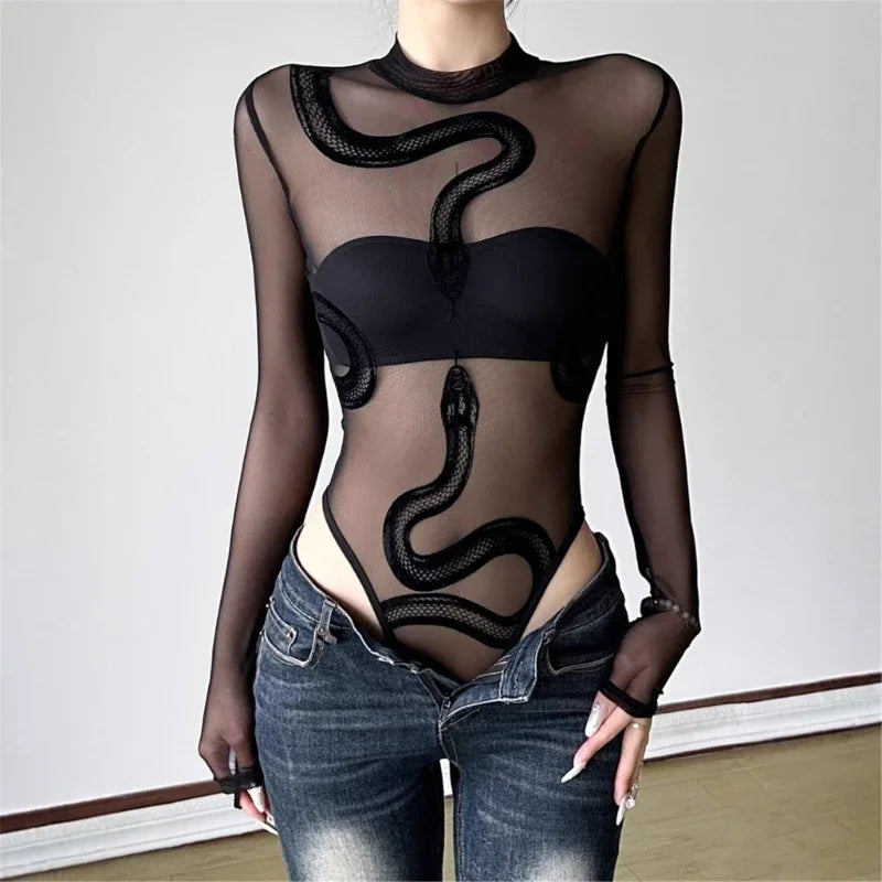 Womens Mesh Long Sleeve Bodysuit Round Neck Sheer Leotards Clothing Snake Bodysuit Top with Crotch Clubwear Gifts