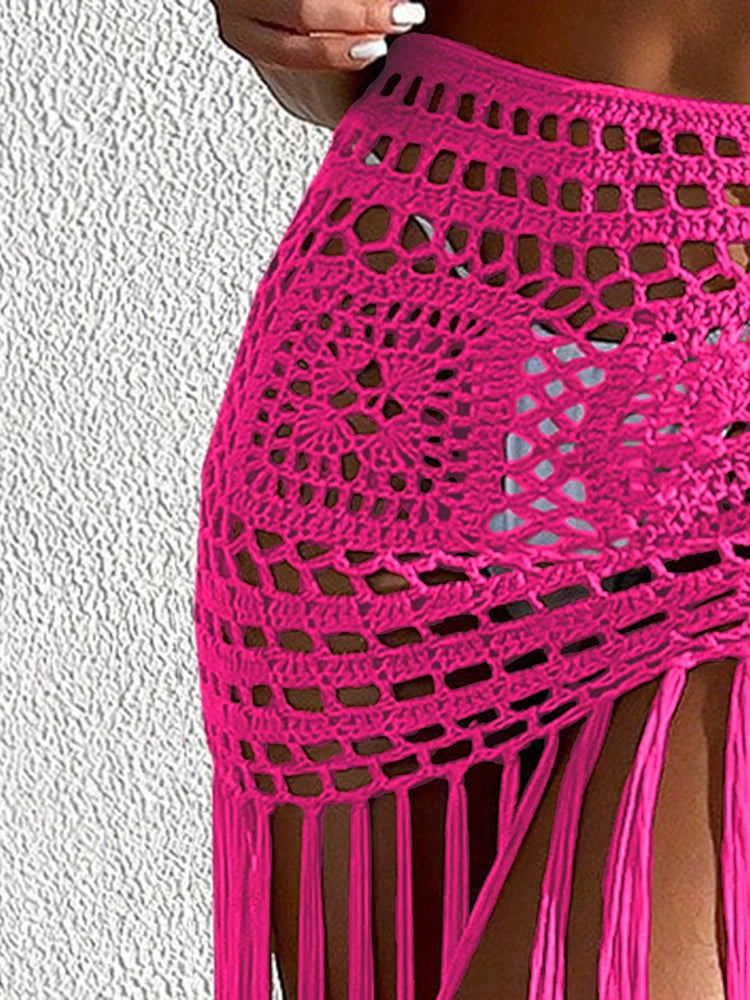 Crochet Tassel Bikini Cover Up Dress Beach Wear Women Tie Up Bather Bathing Suit Tassel Long Skirt Swimsuit Cover Up Beach Dress