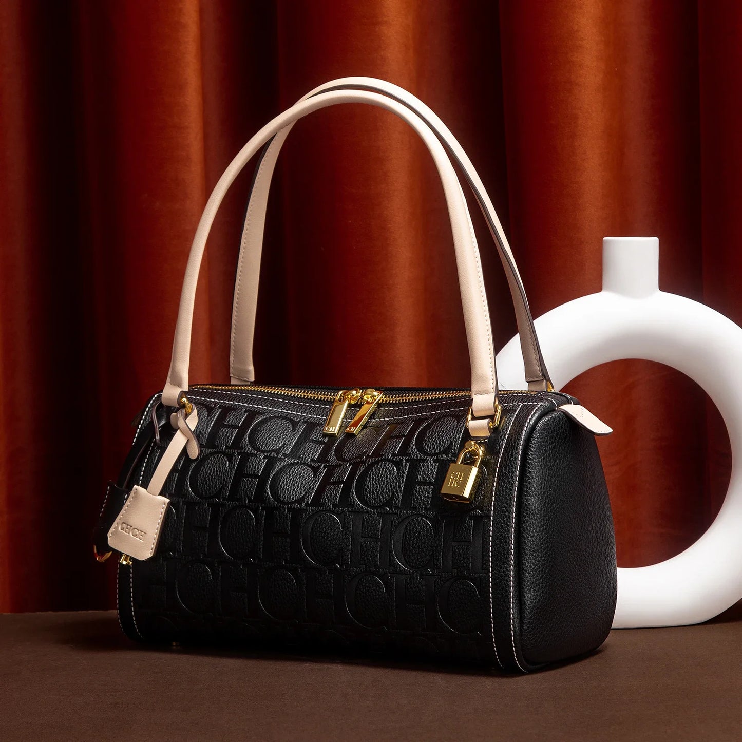 C-H Women's Boston Bag Autumn Winter New Collection Letter Design Texture Shoulder Bags