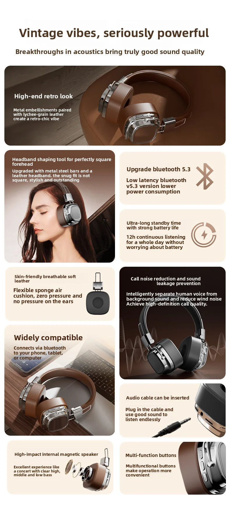 Shoumi Hifi Wireless Headphones Bluetooth Earphones Large Headset Helmets with Mic Support TF-Card Mp3 Play display screen