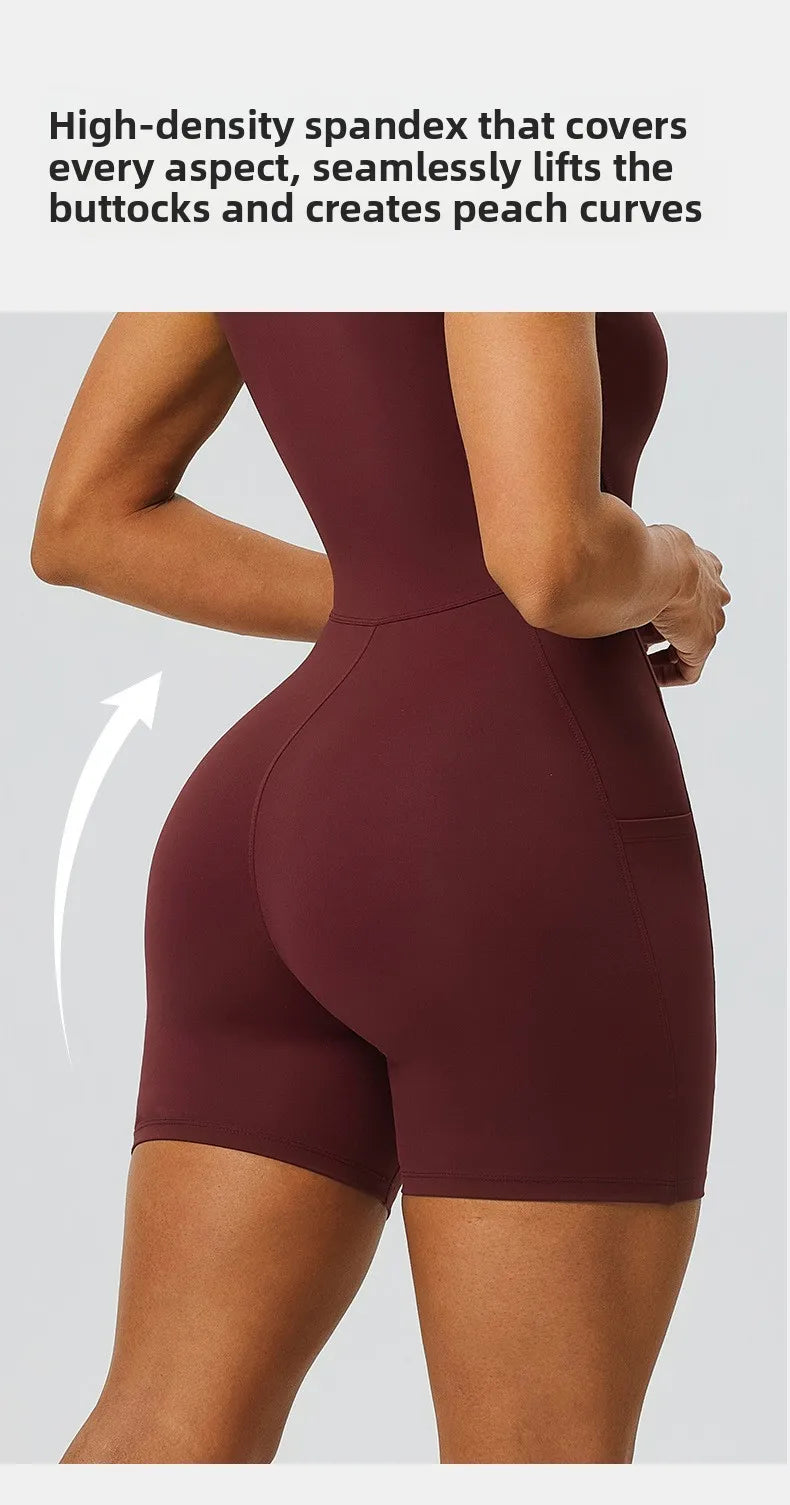 Women's zipper short sleeved yoga jumpsuit with functional pockets for hip lifting and tight fitting sports jumpsuit shorts