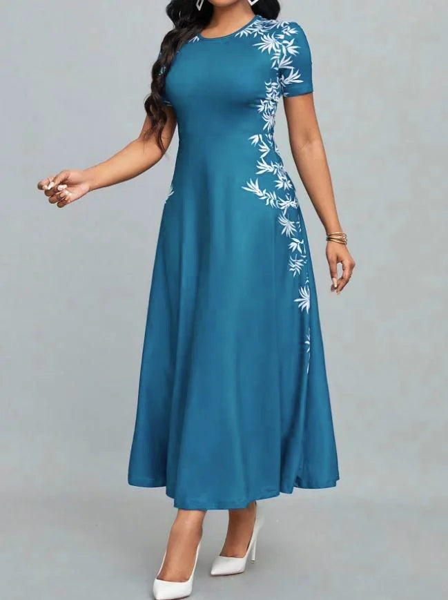 Fashion High Waist Printed Dress Elegant round Neck Women's Dress Stylish Cross-Border New Model from Europe And America