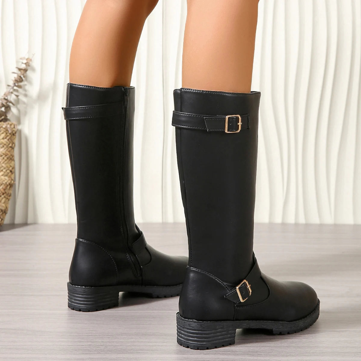 New Pu Leather Knee Boots for Women Shoes Buckle Metal Decoration Fashion Outdoor Ladies Footwear Long Black Platform Boots