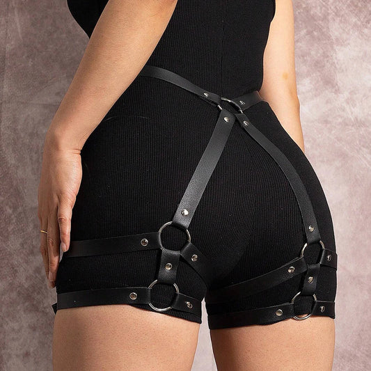 Women Sexy PU Leather Harness Waist Belt with Leg Leather Lingerie Double-layer Leg Straps Gothic Clothing Accessories