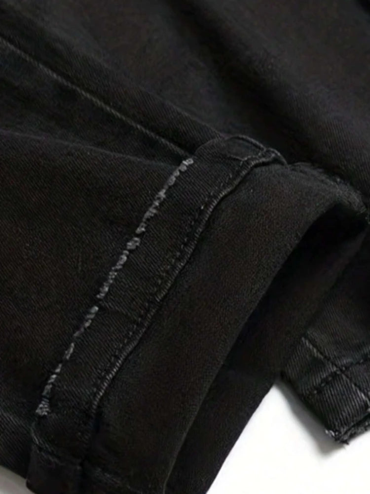Men's Black Distressed Jeans Skull Patch & Embroidery Letter Print Slim Fit Stretch Denim Pants Street Fashion Biker Trousers