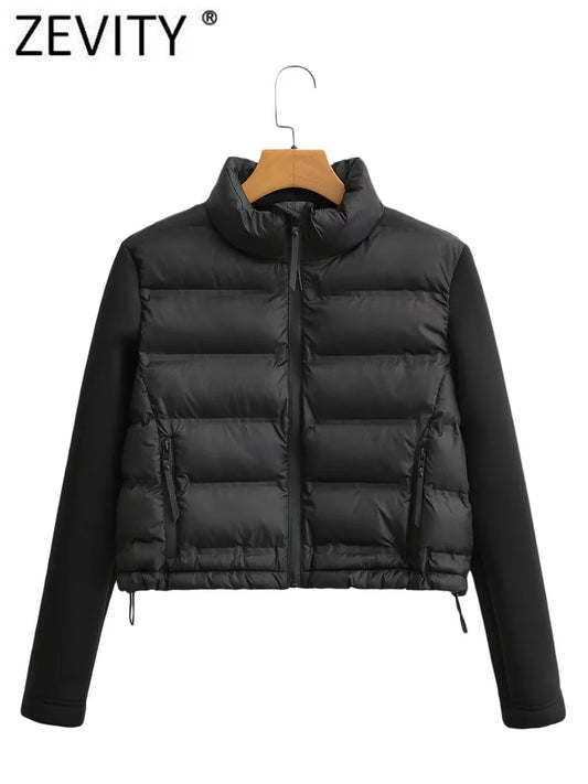 ZEVITY Women Fashion Stand Collar Long Sleeve Patchwork Quilted Cotton Jacket Coat Femme Outerwear Chic Zipper Short Tops