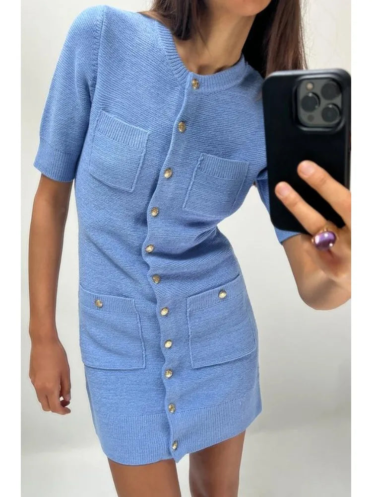 Women O-neck Short Sleeve Bodycon A-line Dresses Knitted Pocket Single Breasted Mini Dress New Chic Office Lady Vestidos