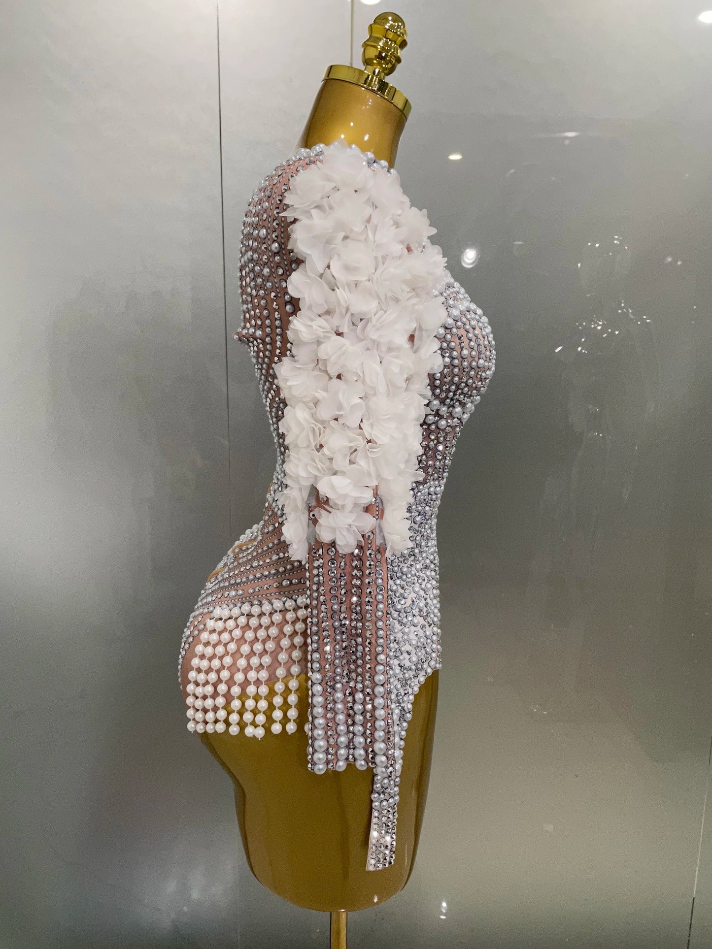 Sexy Luxury Sparkle Diamond Pearls Flower Bodysuits 2025 Women Birthday Party Leotard Dancer Nightclub Performance Stage Outfit