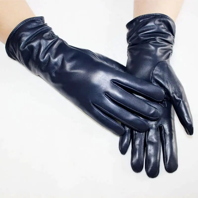 Sheepskin Leather Gloves Women's Fashion Elastic Style Velvet Lining to Keep Warm in Autumn and Winter Retro Color Points