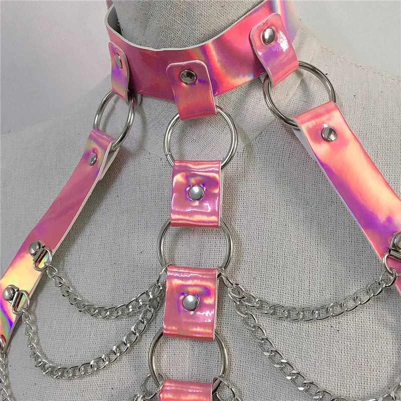 Women PU Leather Harness 2 Piece Set Sexy Hollow Out Metal Chest Chain With Tassel Sequins Mini Skirt Gothic Party Club Outfits