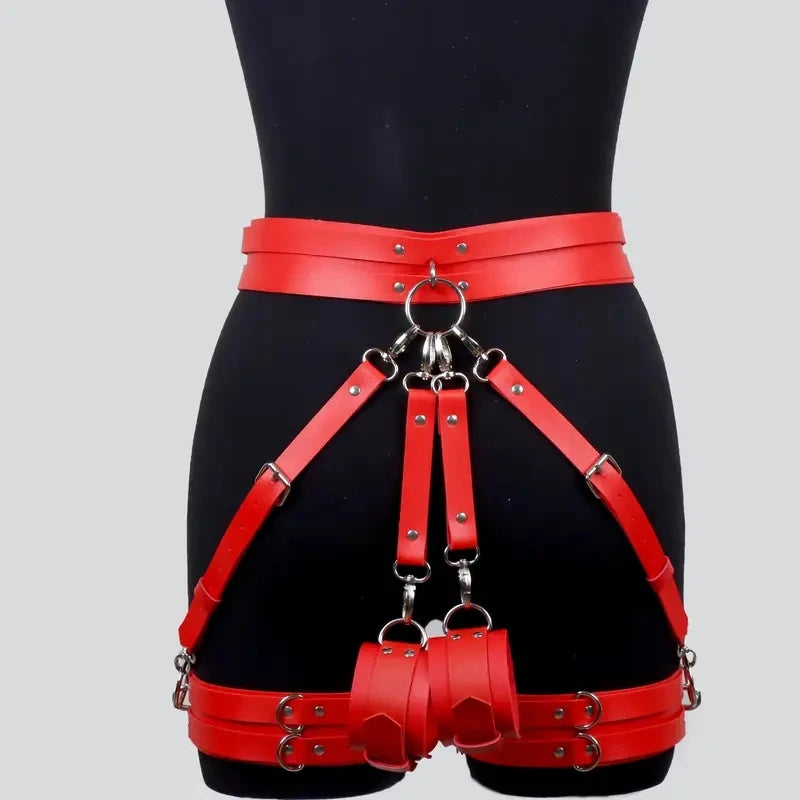 Gothic Harness Belt Handcuffs Accessories Ladies PU Leather Body Garter Belt  Women's Leather Leg Harness Strap Lingerie Pant