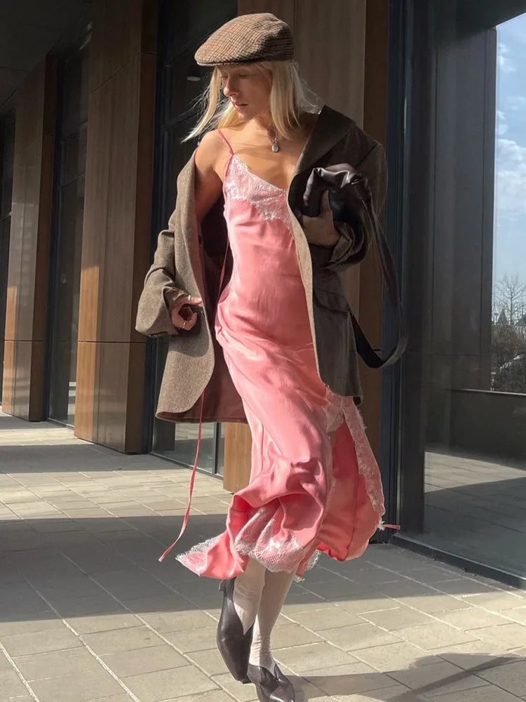 Blifanbo Lace Spaghetti Strap Irregular Sexy Maxi Dress Women Split High Waist Patchwork Sleeveless Backless Club Party Dress