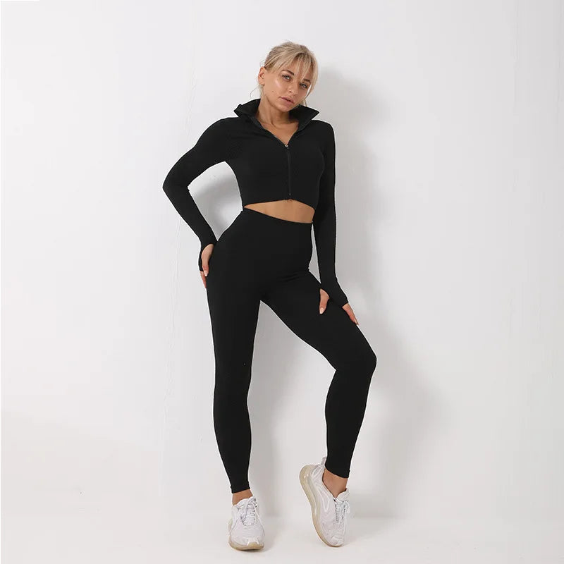 New  Spring Autumn Set Reticulate Stretch Fitness Seamless  Sportswear Suit For Women