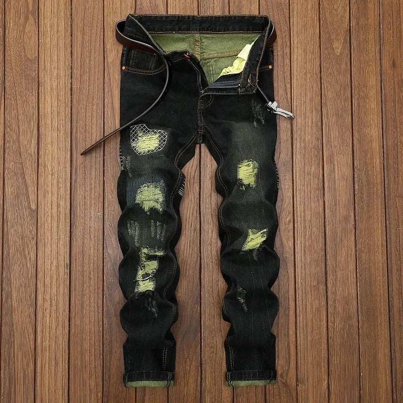 New Men's Ripped Vintage Jeans Straight Denim Trousers Male Distressed Personalized Motorcycle High Street Spliced Jeans Pants