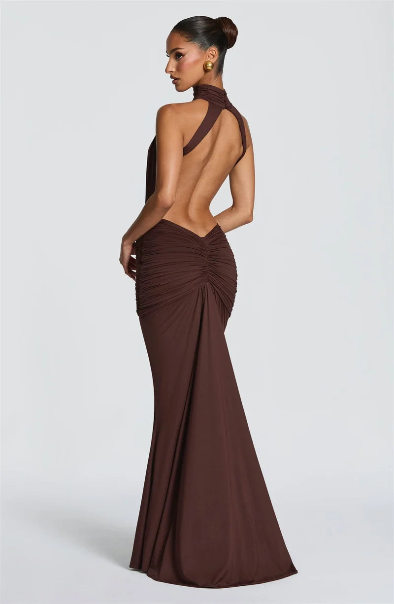 Mozision Turtleneck Backless Sexy Maxi Dress Women Gown Elegant Off-shoulder Sleeveless Ruched Bodycon Club Party Long Dress