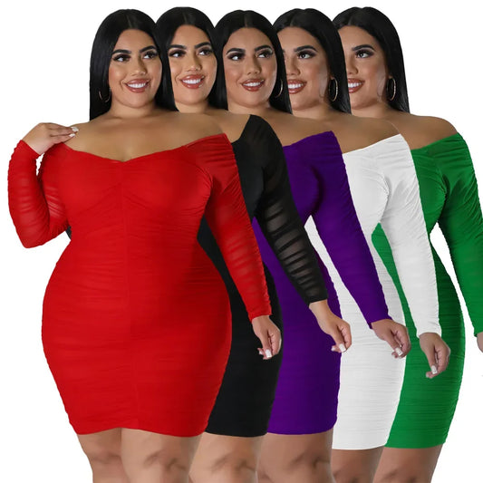 Plus Size N7697 Autumn New Women's Dress Sexy Nightclub Style Wrap Chest Spliced Mesh Sleeves Covering Buttock Clothing