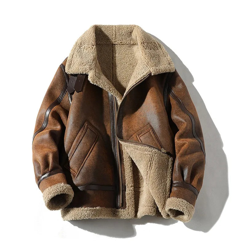 Mens Retro Suede Lambhair Jacket Thick Winter Fur Large Size Motorcycle Leather Coat Trendy
