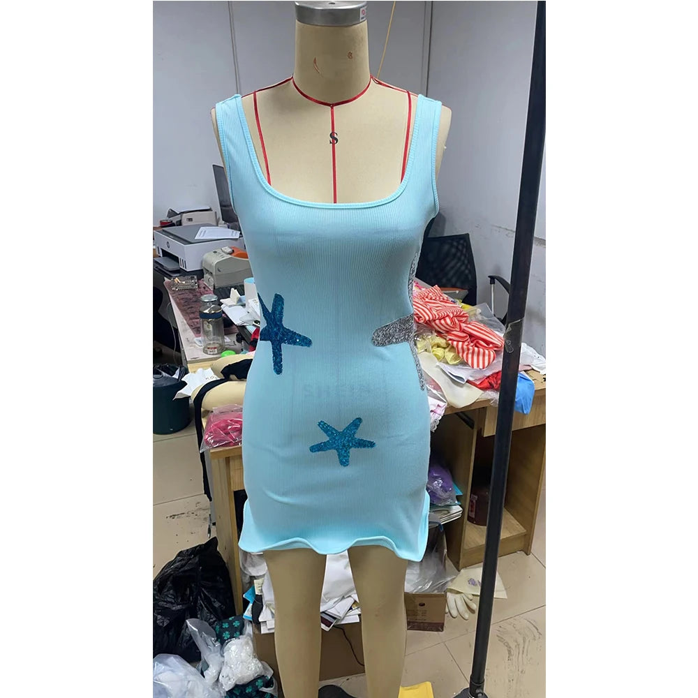 Women Boho y2k Coquette Mini Bodycon Dress Sexy Slim Starfish Sequins Embroidery Ruffles Sleeveless Knitted Club Party Dress